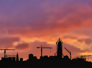 horizontal composition with house building in city at lilac sunset