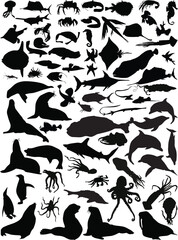 black silhouettes large set of sea fishes