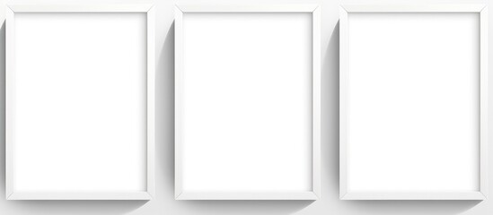 A white wall with four empty frames hanging on it. The frames are of various sizes and orientations, creating a simple yet intriguing display. - obrazy, fototapety, plakaty