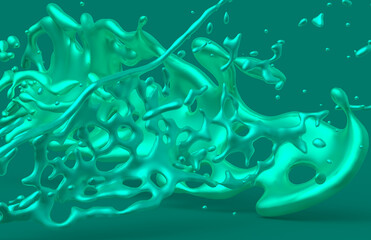 Abstract splash 3D rendering green blue splash landscape, dark green background with green blue jet, backdrop, Virtual dynamic landscape, Fantastic panoramic wallpaper, Texture concept