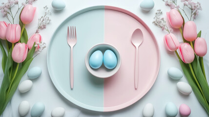 Pink and blue Easter on a platter with tulips.