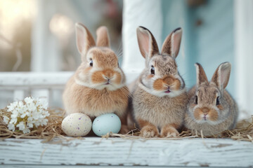 Fototapeta premium Bunnies and Easter eggs on a white shabby porch. 