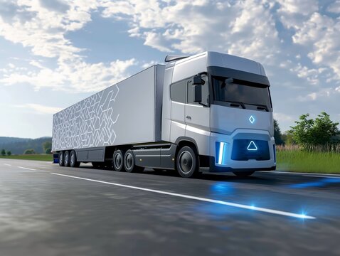 A modern hydrogen-fueled truck cruises along a scenic route, showcasing the future of sustainable transportation.