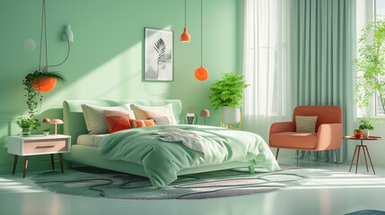 A refreshing bedroom in mint green, showcasing simple and colorful furniture arrangements for a serene ambiance.
