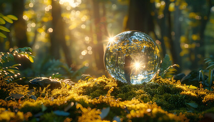 Fototapeta na wymiar Sunlit Oracle: A Glittering Crystal Ball Amidst Nature's Embrace