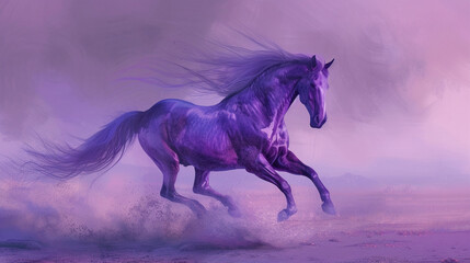 A regal purple-hued horse trotting gracefully across the desert at twilight, an enchanting sight under the dimming light. - obrazy, fototapety, plakaty