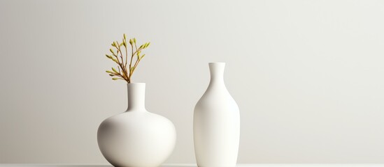 A couple of white vases of different sizes are placed on top of a table, against a plain white background. The vases are simple in design, showcasing a minimalist aesthetic.