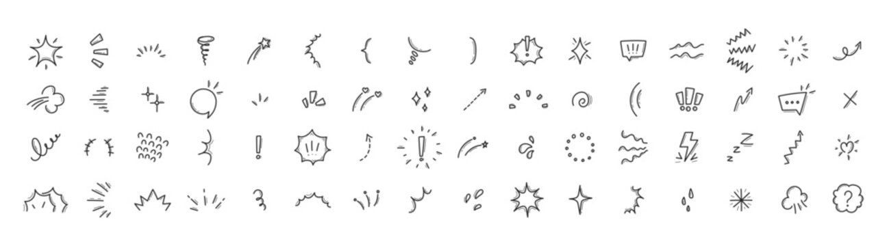 Elements for Japanese manga comics in hand drawn style. Character emotion, explosion, wind, arrows. Vector illustration.