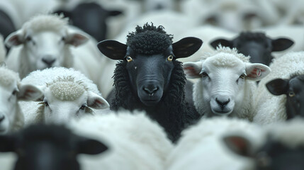 A black sheep stands out among white sheep. - obrazy, fototapety, plakaty