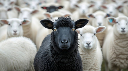 Obraz premium A black sheep stands out among white sheep.