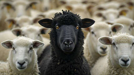 A black sheep stands out among white sheep.