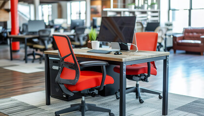 A hot desking system in a modern open space office allows for flexible seating arrangements - encouraging team interaction - wide format