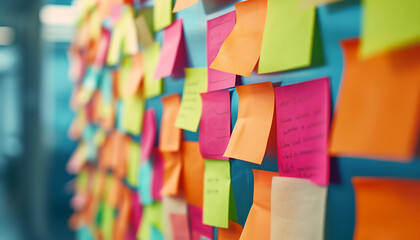 A creative brainstorming session is in full swing in an open space office - with colorful post-it notes covering - wide format