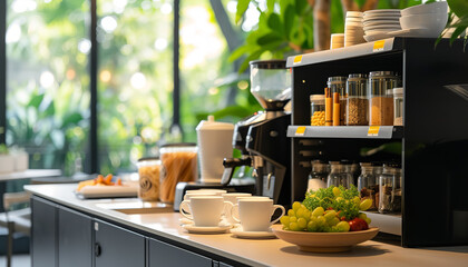 An inviting coffee corner is set up in an open space office - stocked with snacks - refreshments - and a coffee machine -wide format