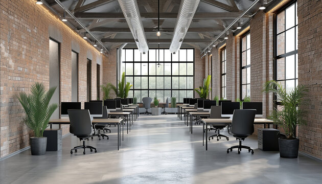 A sleek and modern open space office illuminated by natural light - featuring rows of desks equipped with computers and ergonomic chairs - wide format