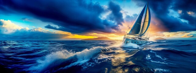 Ocean bound sailboat navigating, rough swell, sunset, ominous clouds, expedition, race. Copy space.  - Powered by Adobe