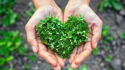 Naklejka na ściany i meble hands presenting a heart of green moss representing the nurture and protection of our natural environment