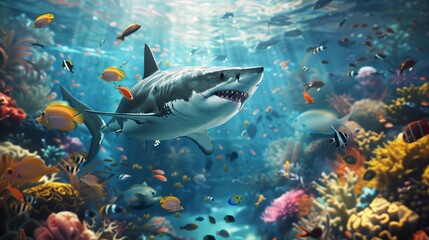 underwater predator great white shark amongst colorful reef and fishes in a vivid ocean ecosystem