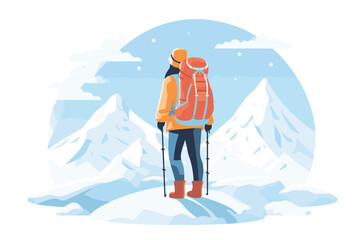 trekking woman in snow climbing at the mountains flat design vector illustration