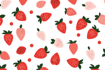 Strawberry and flowers seamless pattern. Cute summer background for fabrics, decorative paper, textile prints, vector illustration - obrazy, fototapety, plakaty