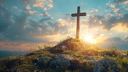 A wooden cross is placed on top of a rocky hill. The sky is blue with white clouds and a bright sun is shining  - obrazy, fototapety, plakaty