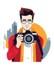 photographer with camera, photos of landscapes flat vector illustration
