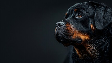 Obraz premium Rottweiler with a commanding presence on a stark black background a symbol of strength and confidence with copyspace