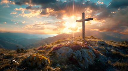 A wooden cross is placed on top of a rocky hill. The sky is blue with white clouds and a bright sun...