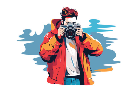 photographer with camera, photos of landscapes flat vector illustration