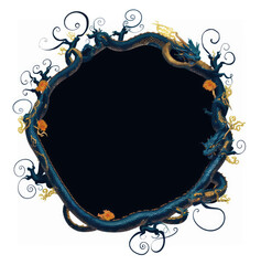 Round isolated frame on a white background, snakes in a circle on a black background, design element. Illustration