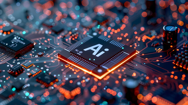 An orange circuit board with a black chip that says AI on it.
