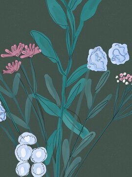 Contemporary Botanical Art: Vibrant Abstract Flowers Bouquet, Ideal for Stylish Fabric Prints and Modern Wall Decor.