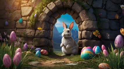 Easter bunny peeking out of a hole in the wall - obrazy, fototapety, plakaty