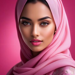 Beautiful Pink Hijab Close-up Portrait Of A Woman With Pink Background