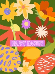 Happy Easter card (poster) on a holiday theme. Trendy design with typography, spring hand-drawn botanical elements and Easter symbols in contrasting colors. Minimalist style of modern art.