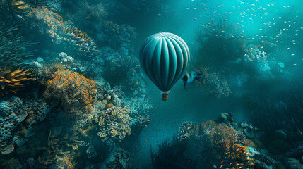 A rich teal balloon blending with the colors of a tropical reef below.