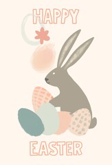 Happy Easter card (poster) on a holiday theme. Trendy design with typography, spring hand-drawn botanical elements and Easter symbols in contrasting colors. Minimalist style of modern art.