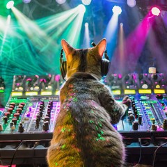 ライブで音響をオペレートする猫の後ろ姿