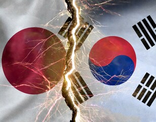 炎に分断される日本と韓国の国旗