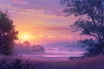 pastel pink and purple blend into a warm, calming sunset scene, creating a peaceful and tranquil background. - obrazy, fototapety, plakaty
