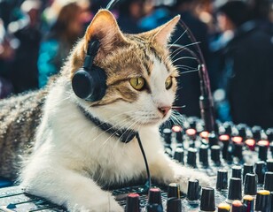 ヘッドフォンをつけて音響ミキサーを操作する猫