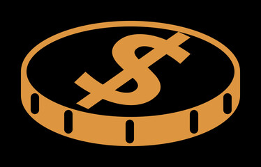 Axonometric, isometric Dollar coin on dark background, illustration of a currency icon on black.