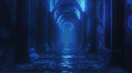 A sapphire-lit corridor leading to mysterious artworks shrouded in darkness. - obrazy, fototapety, plakaty