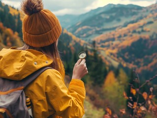 A young woman in a yellow jacket uses a compass to navigate through vibrant autumn mountains.