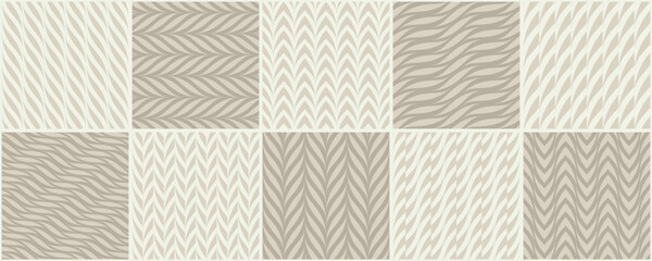 Collection of seamless abstract patterns. Beige color creative vector backgrounds. Wavy striped endless fabric textures - 754935927