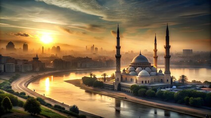 mosque with sunrise over river