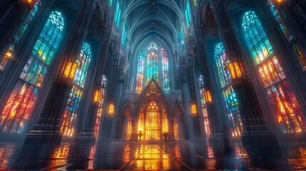 Majestic Cathedral Interior with Stained Glass Windows and Sunlight Illuminating the Altar - Powered by Adobe