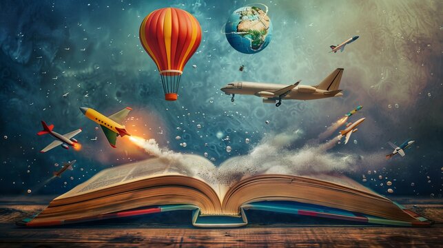 The imagination concept is vividly depicted with an open book from which an air balloon, rocket, and airplane soar into the boundless sky