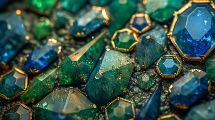 Close-up of Various Cut and Polished Green Gemstones with Golden Edges on Dark Background