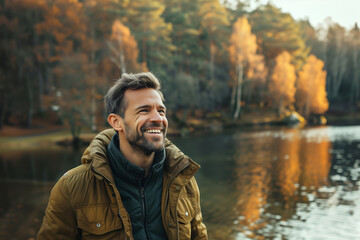 Man in  who exudes happiness and a sense of feeling truly alive in a beautiful natural park near a lake